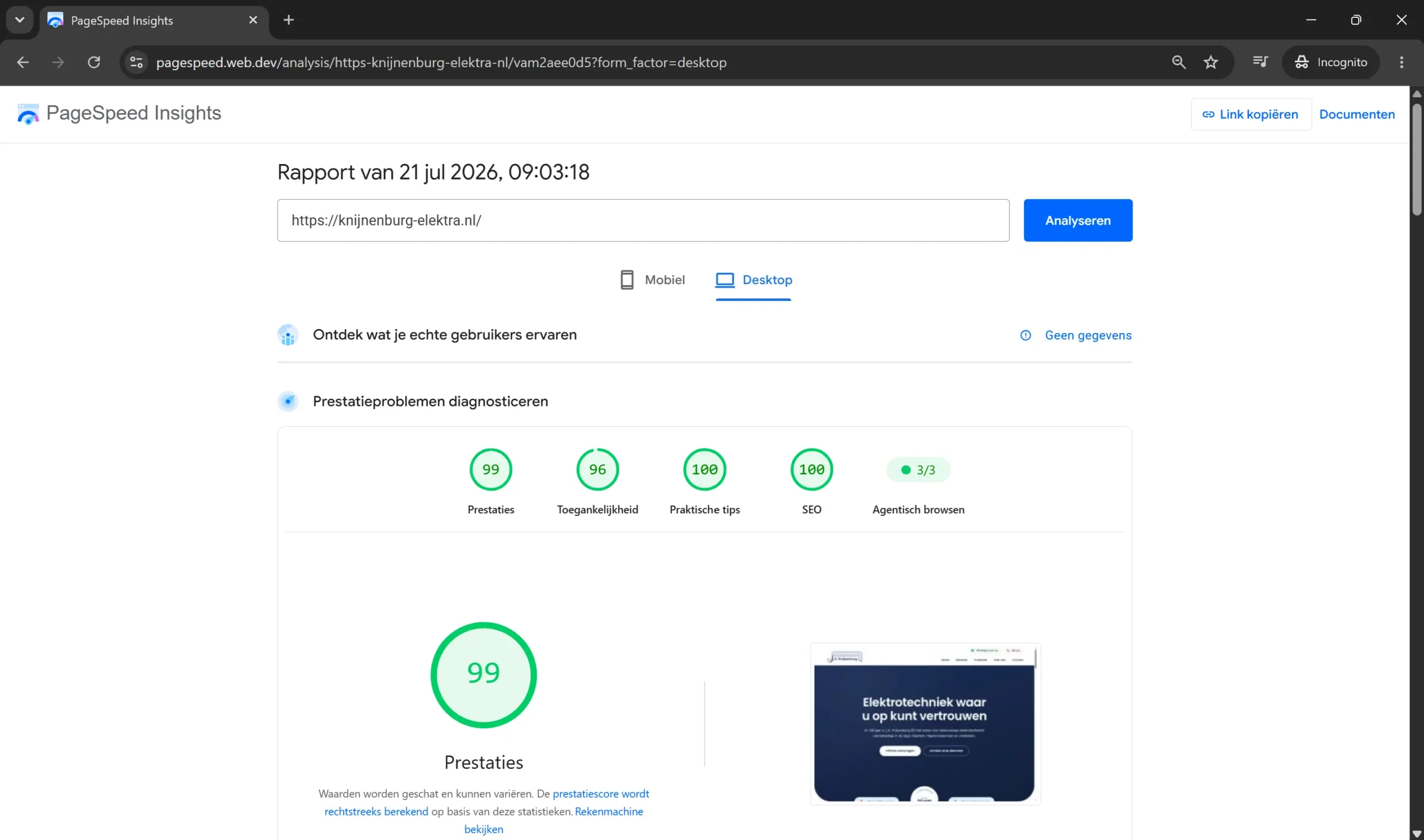 PageSpeed Score 100% groen op desktop, core web vitals website versnellen
