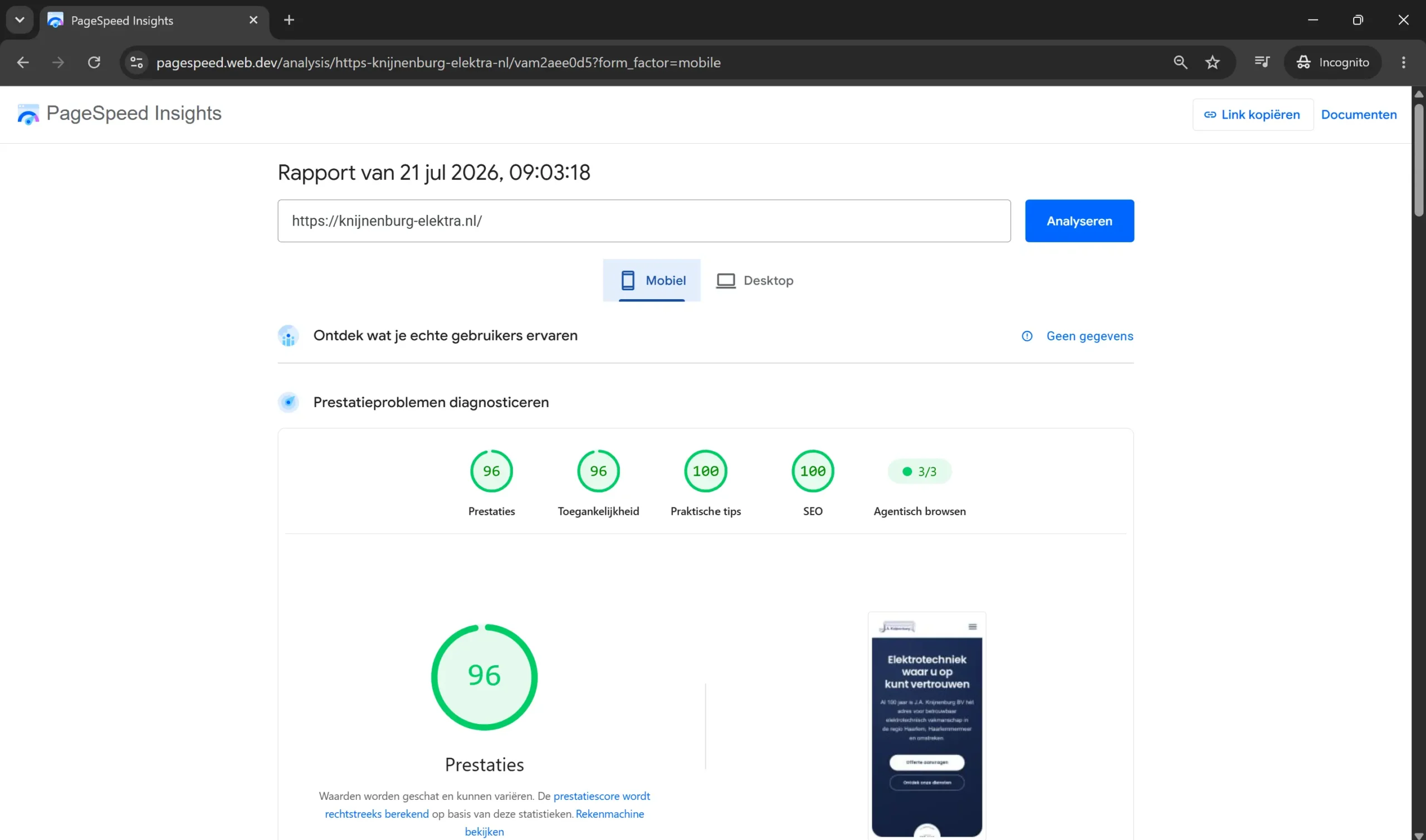 PageSpeed score 100% Core Web Vitals websitesnelheid mobiel